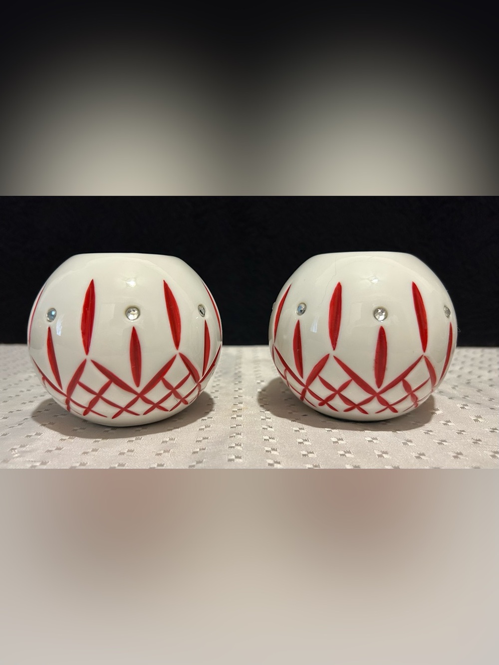 Waterford Holiday Heirlooms Tealight Candle Holders Set Of 2 White Red & Crystal